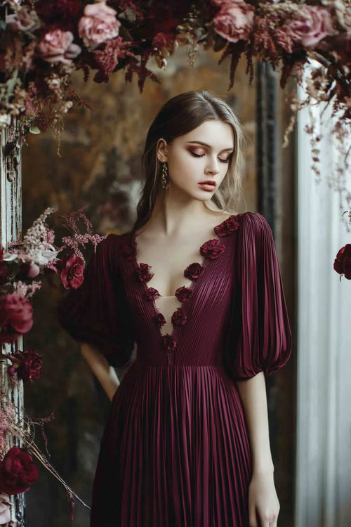 A woman in a maroon pleated midi dress with flutter sleeves, standing near an ornate floral wedding arch indoors