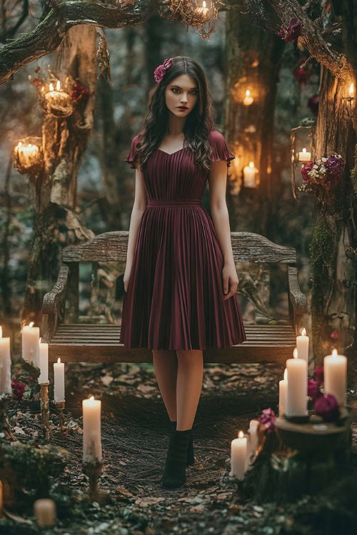 A woman in a maroon short pleated dress with cap sleeves