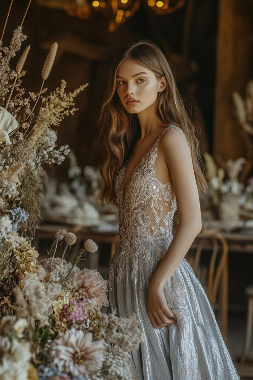 A woman in a metallic silver midi dress with a flared skirt and subtle floral embroidery