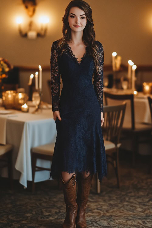 A woman in a navy A-line dress with long lace sleeves, paired with brown cowboy boots