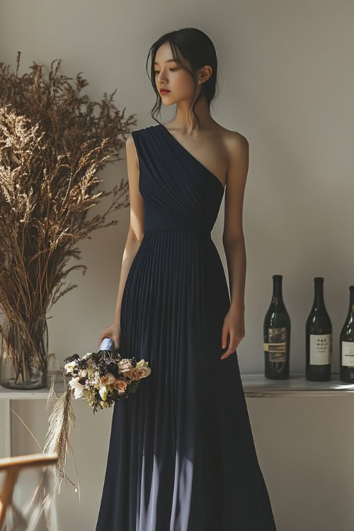 A woman in a navy one-shoulder tea-length dress with asymmetrical pleats and a subtle slit, standing near a clean and minimal wedding setup