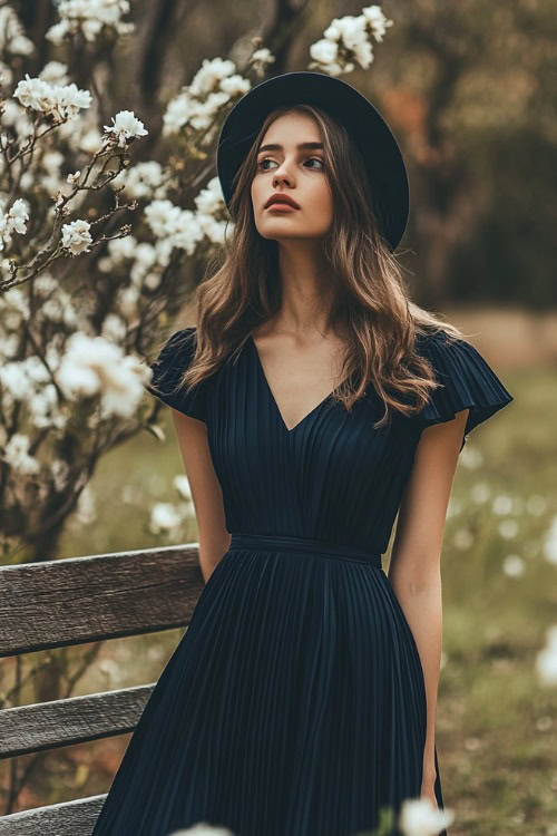 A woman in a navy pleated midi dress with cap sleeves and a cinched waist