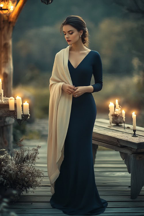 A woman in a navy sheath dress styled with a beige pashmina, standing near a rustic wedding bench lit by candles