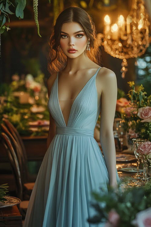 A woman in a pastel blue A-line gown with subtle pleats, standing near a warmly lit wedding reception table adorned with greenery