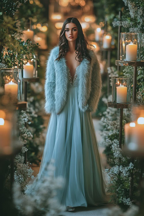 A woman in a pastel blue high-low dress paired with a faux fur jacket