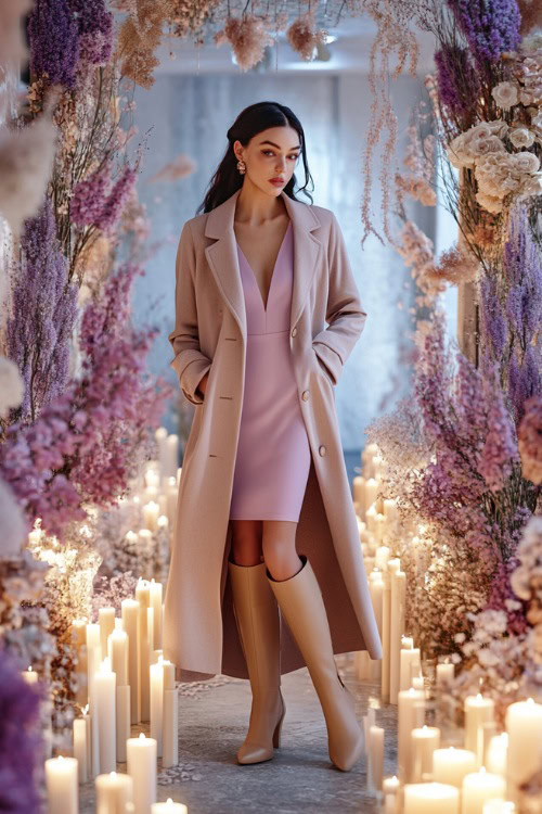 A woman in a pastel lavender knee-length dress styled with beige leather boots and a long tailored coat