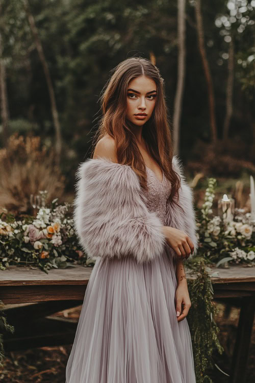 A woman in a pastel lavender midi dress paired with a cropped faux fur jacket