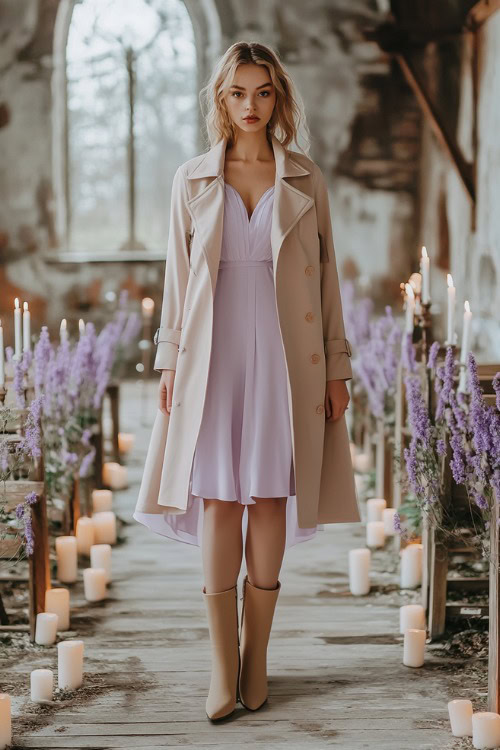 A woman in a pastel lavender midi dress paired with tan ankle boots and a cropped trench coat