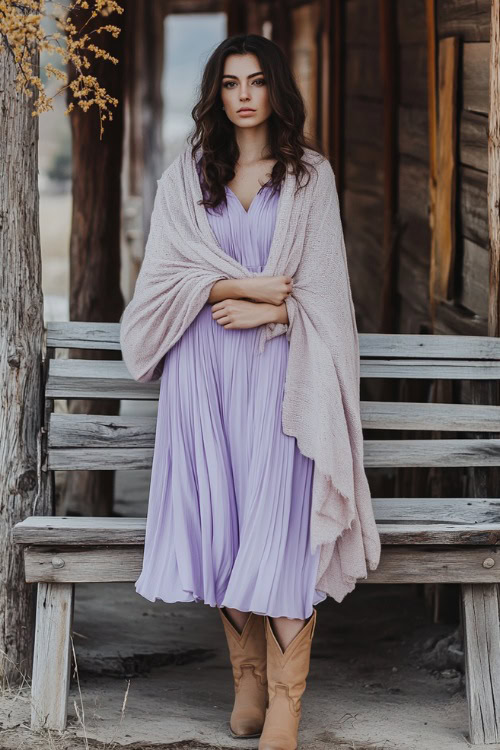 A woman in a pastel lavender pleated midi dress paired with tan cowboy boots and a soft wool shawl