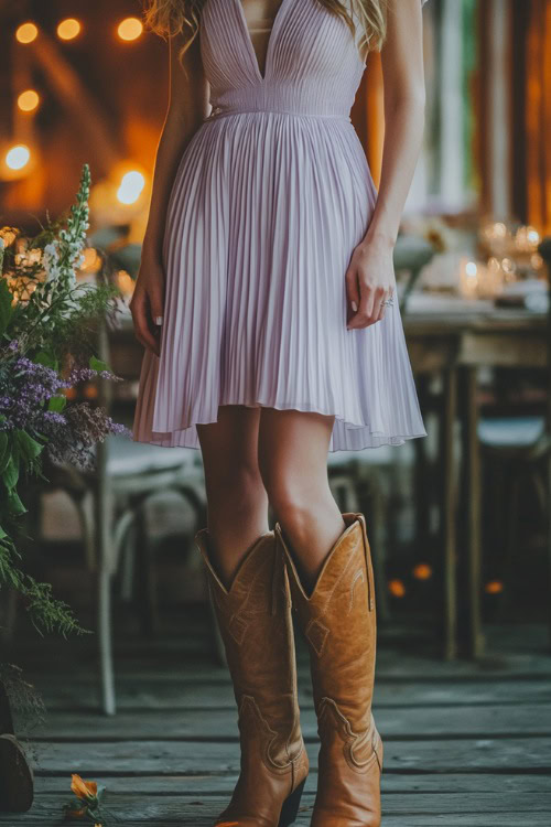 A woman in a pastel lavender pleated midi dress paired with tan cowboy boots