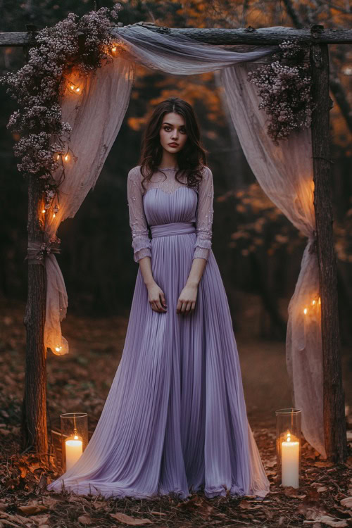 A woman in a pastel lavender pleated midi dress with a high neckline and a cinched waist