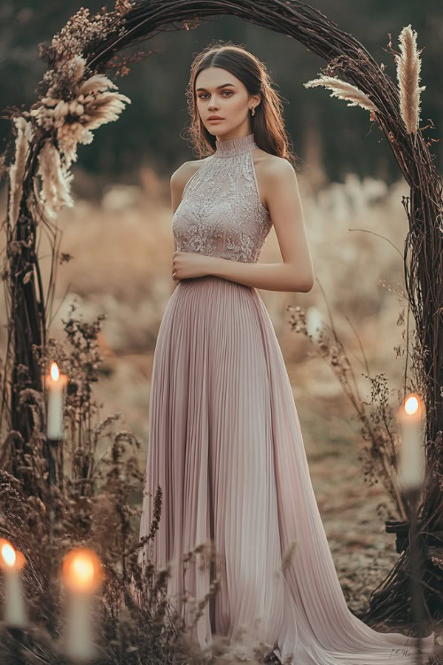 A woman in a pastel lavender pleated midi dress with a high neckline and a cinched waist,