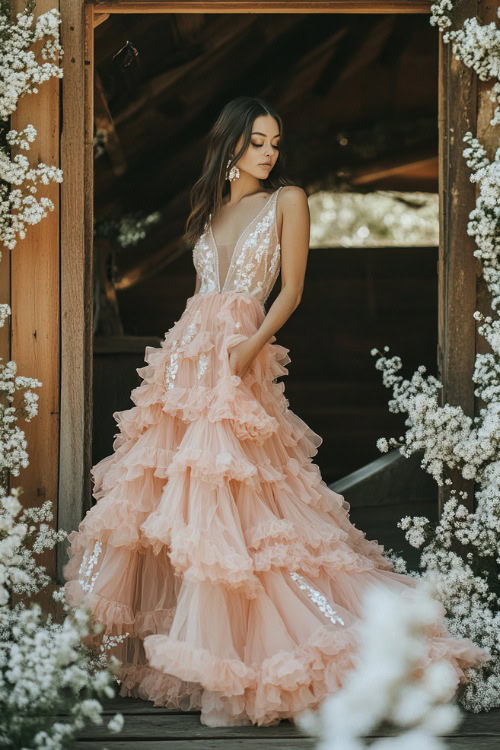 A woman in a pastel peach tea-length A-line dress with a layered hem and floral embroidery