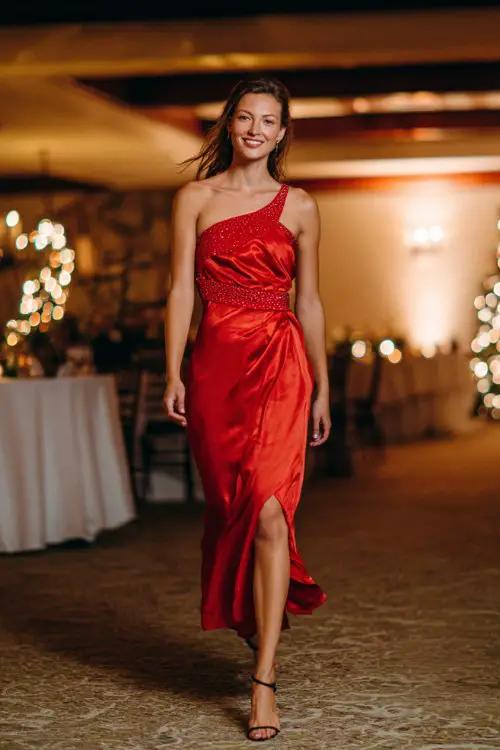 A woman in a red asymmetrical one-shoulder gown with sequin trim and gathered waist