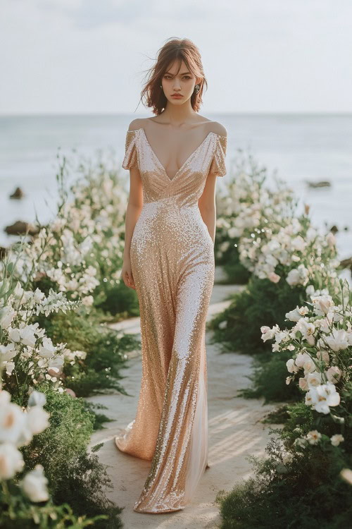 A woman in a rose gold sequin wrap dress with short sleeves and a tulip hem