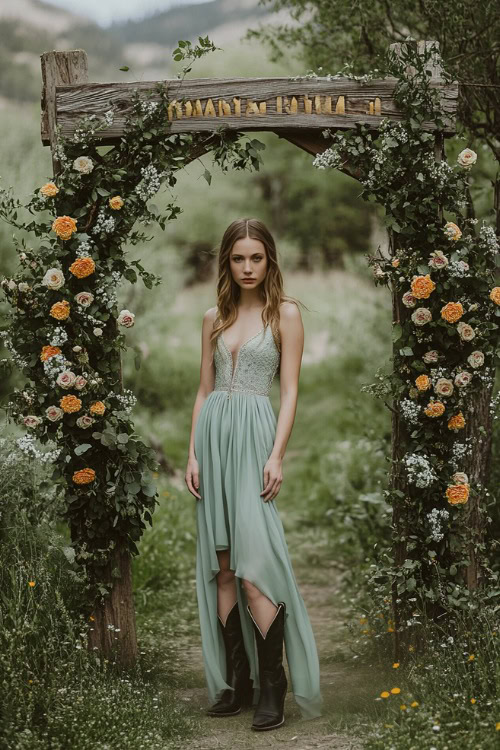 A woman in a sage green A-line dress styled with black cowboy boots (2)