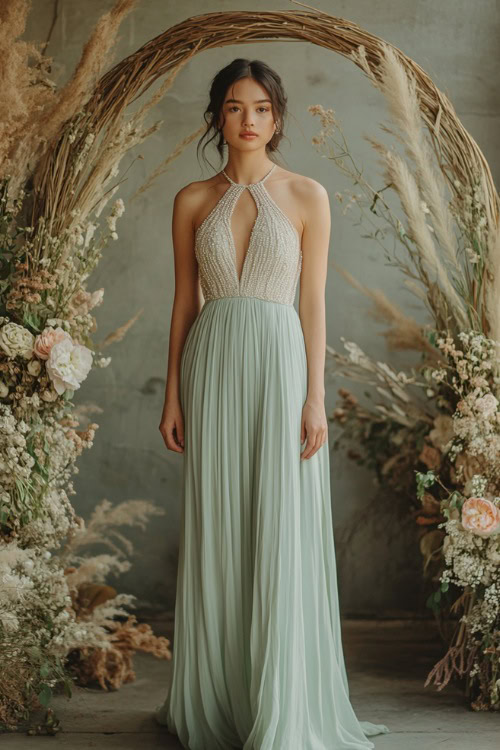 A woman in a sage green column dress with a keyhole neckline and beaded detailing, standing near a minimalist floral wedding arch indoors (2)