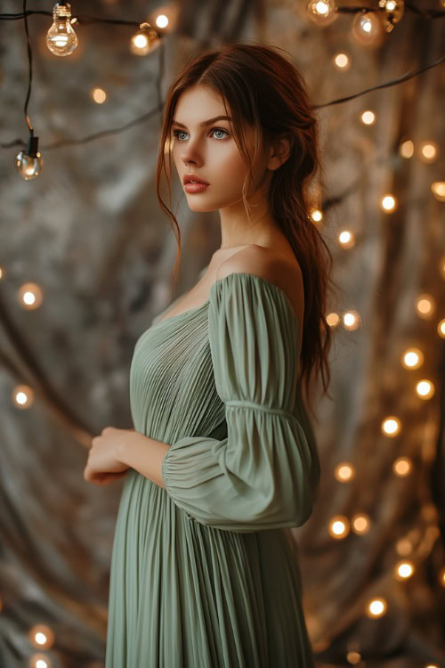 A woman in a sage green dress with long ruched sleeves and a pleated skirt, standing near a plain backdrop with string lights