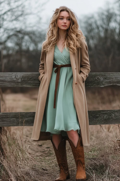 A woman in a sage green high-low dress paired with brown cowboy boots and a beige wool coat (2)