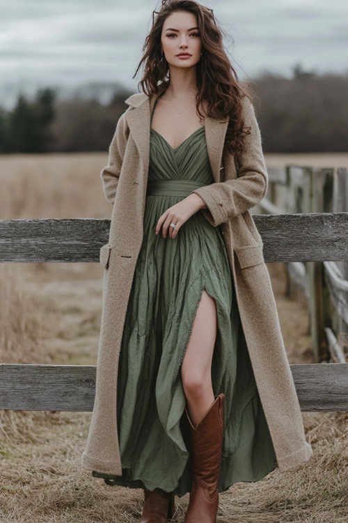 A woman in a sage green high-low dress paired with brown cowboy boots and a beige wool coat (3)