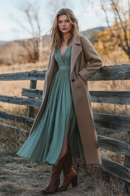 A woman in a sage green high-low dress paired with brown cowboy boots and a beige wool coat