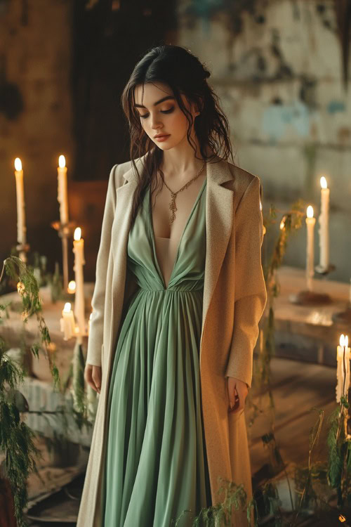 A woman in a sage green high-low dress styled with a beige wool coat (2)