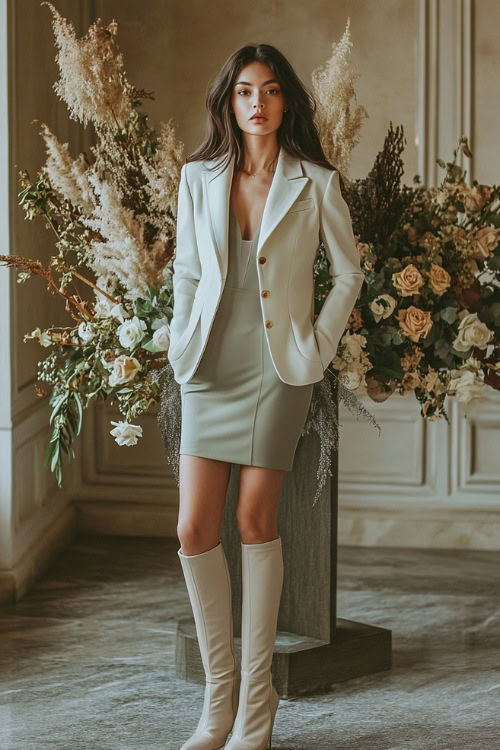 A woman in a sage green sheath dress paired with beige knee-high boots and a tailored white blazer