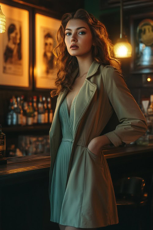 A woman in a sage green sheath dress styled with a cropped trench coat, standing near a warmly lit wedding bar indoors