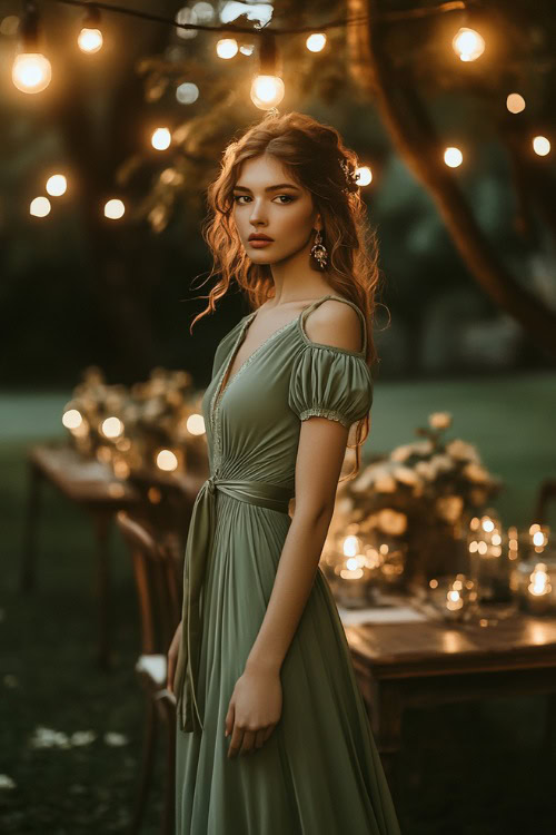 A woman in a sage green tea-length dress with flutter sleeves and a tie waist, posing near a rustic wedding setup under glowing string lights