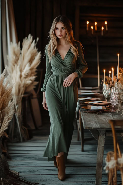 A woman in a sage green wrap dress with three-quarter sleeves