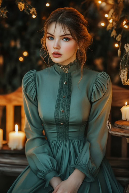 A woman in a soft emerald green high-neck dress with bishop sleeves, posing near a candlelit wooden wedding bench