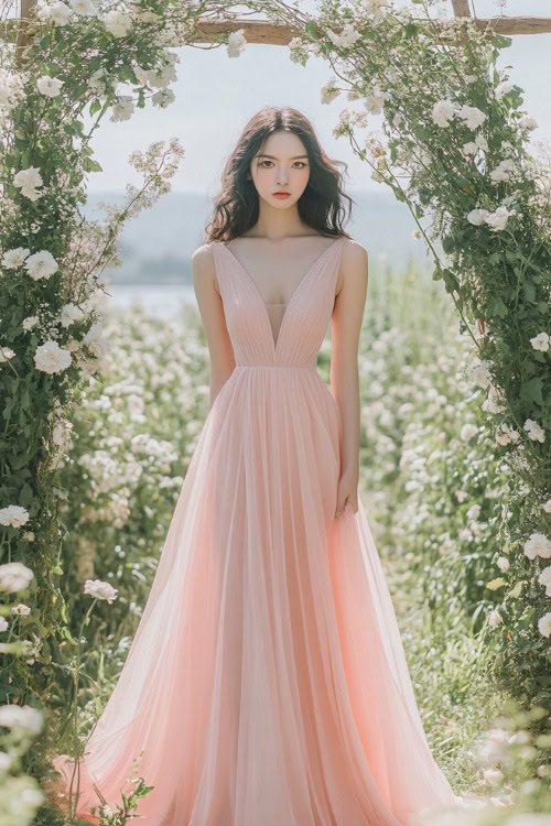 A woman in a soft rose pink midi dress with a V-neckline and a tulip hem