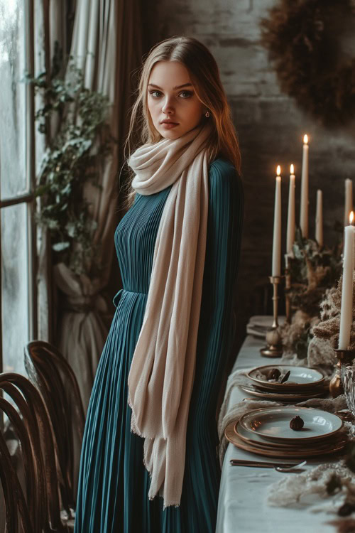 A woman in a soft teal pleated midi dress layered with a beige scarf, standing near a candlelit rustic wedding reception table indoors