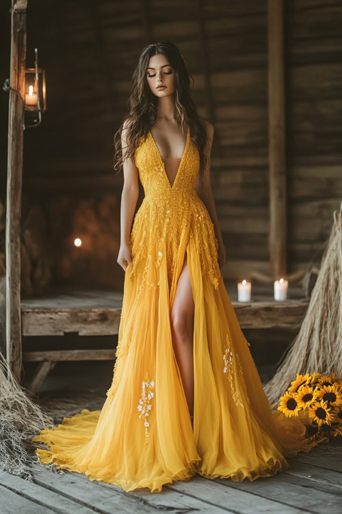 A woman in a sunflower yellow high-low gown with a plunging neckline and delicate floral embroidery