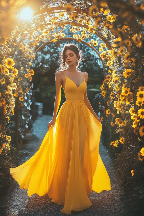 A woman in a sunflower yellow midi dress with spaghetti straps and an asymmetrical hemline