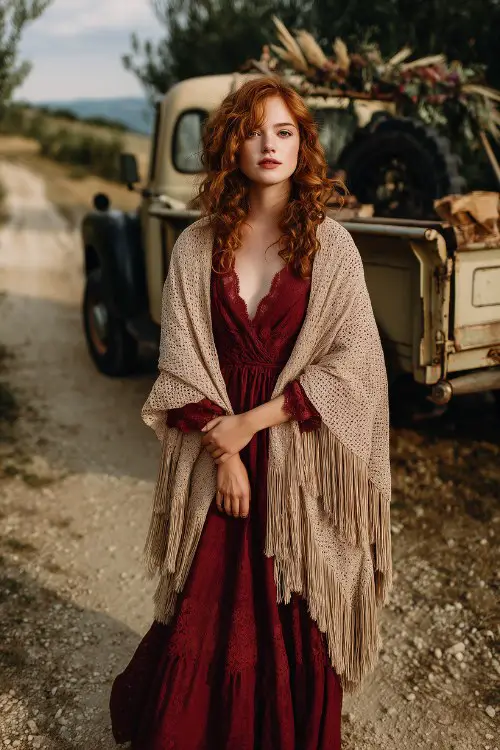 A woman in a wine red boho dress with lace insets and bell sleeves, wrapped in a soft beige fringe shawl