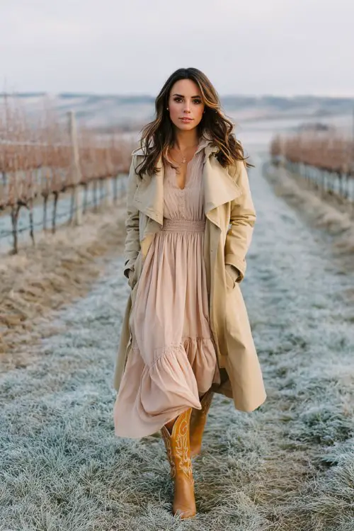 A woman over 30 wears a blush high-neck dress with bishop sleeves, layered with a beige wool trench coat and tan cowboy boots