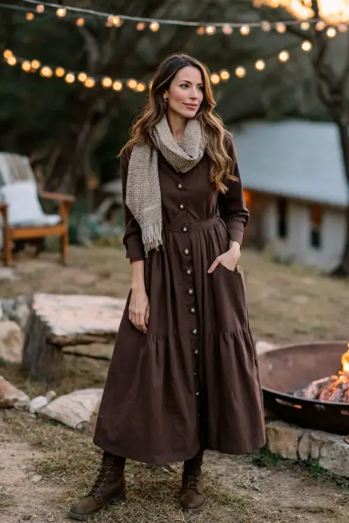 A woman over 30 wears a chocolate brown long-sleeve maxi dress with a button-down bodice and lace trim, styled with a blanket scarf and dark olive ankle boots