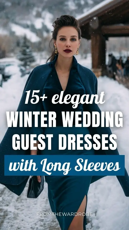 A woman over 30 wears a deep teal dress with velvet paneling and flared cuffs and a structured wool cape