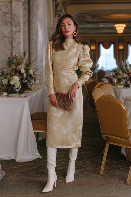 A woman over 30 wears a gold brocade dress with a boxy silhouette and ivory heeled boots, accessorized with drop earrings and a velvet clutch