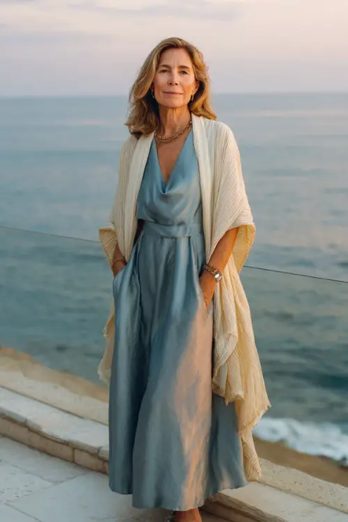 A woman over 35 wears a dusty blue satin dress with a cream shawl and silver sandals