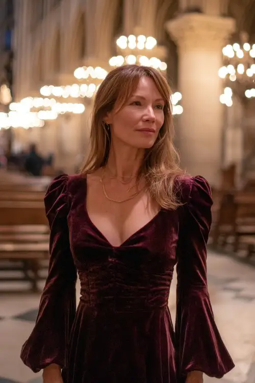 A woman over 40 wears a burgundy velvet long gown with bell sleeves and a structured silhouette, standing inside a grand cathedral lit with hanging chandeliers