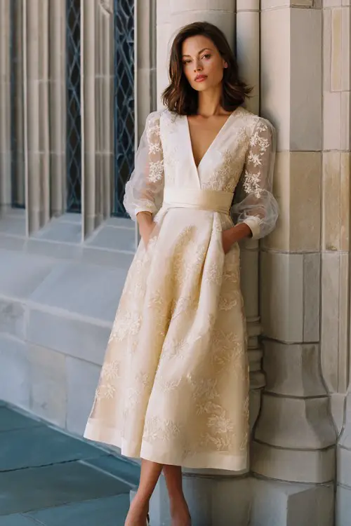 A woman over 40 wears a champagne A-line gown with embroidered sheer sleeves and a structured waist