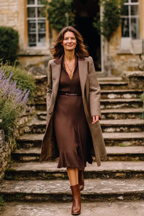A woman over 40 wears a chocolate knit dress with a structured collar and flowing skirt, styled with tan boots and a tailored coat
