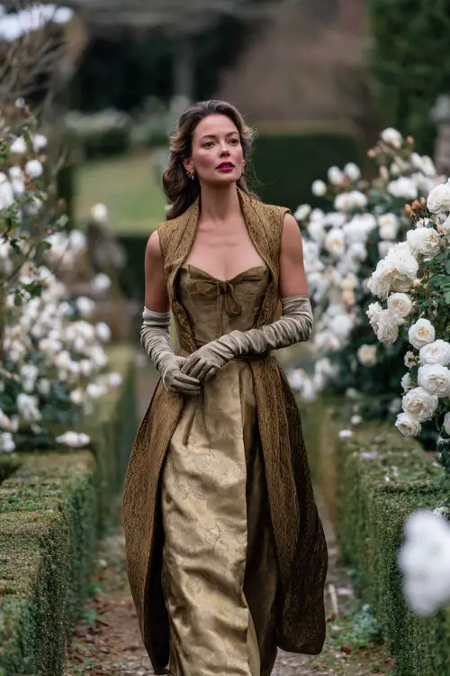 A woman over 40 wears a flowing metallic gown in antique gold, layered with a structured capelet and satin gloves