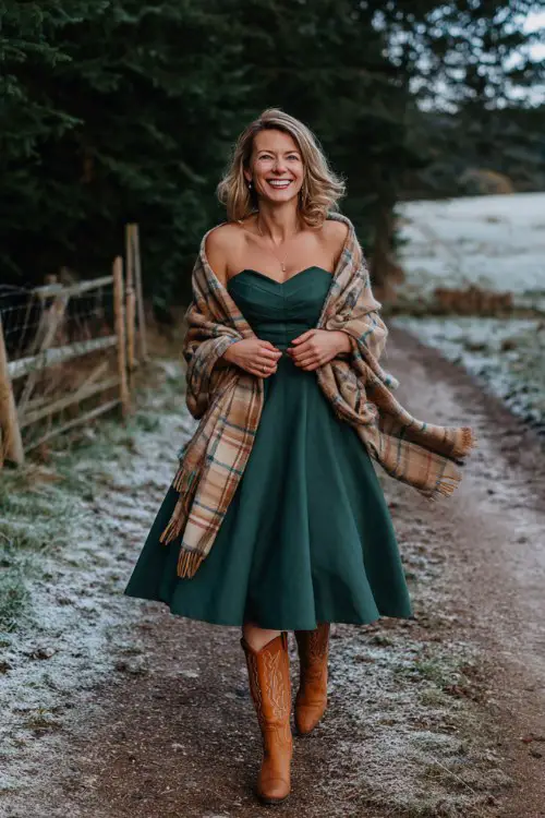 A woman over 40 wears a forest green midi dress with a tailored bodice, camel leather cowboy boots, and a plaid wool shawl