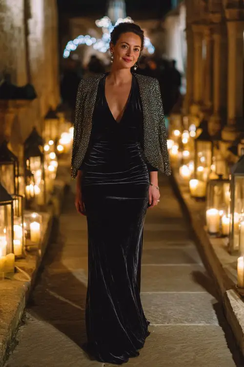 A woman over 40 wears a long velvet gown in navy with a subtle train, layered under a silver sequin bolero jacket and drop pearl earrings