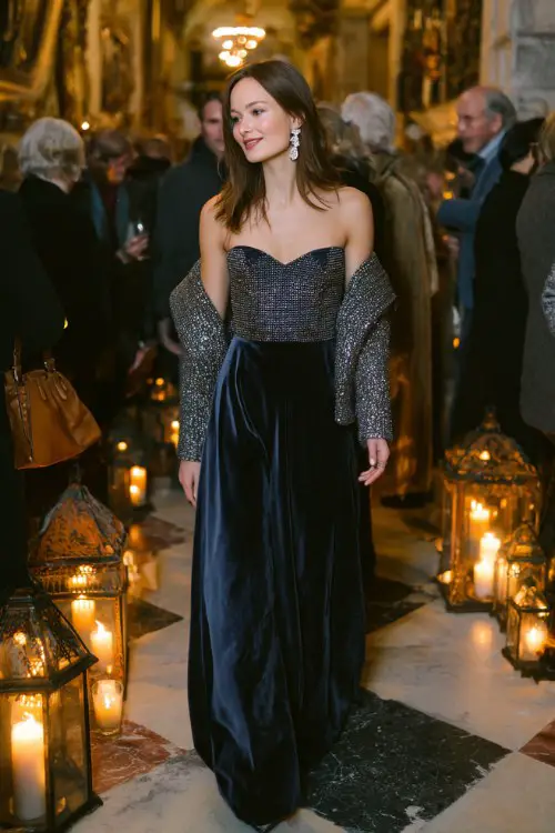 A woman over 40 wears a long velvet gown in navy with a subtle train, layered under a silver sequin bolero jacket and drop pearl earrings