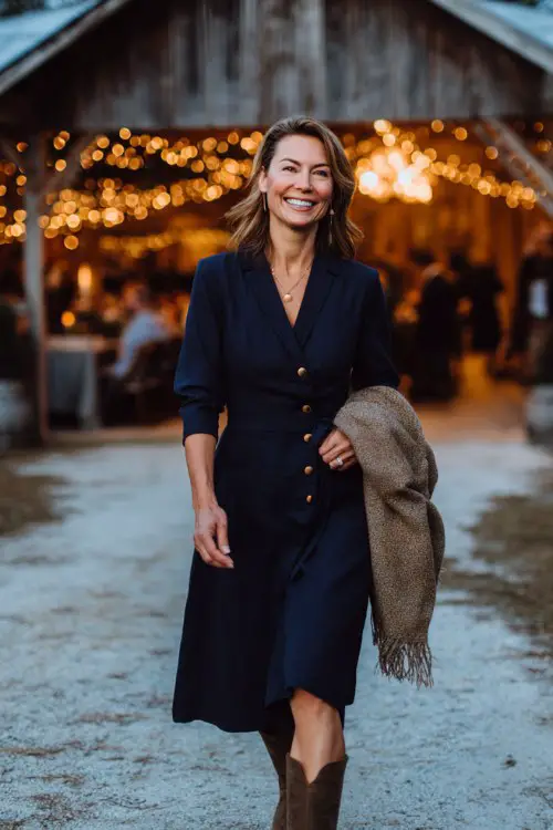A woman over 40 wears a navy blue A-line midi dress with three-quarter sleeves and pearl buttons, paired with suede boots and a cashmere shawl