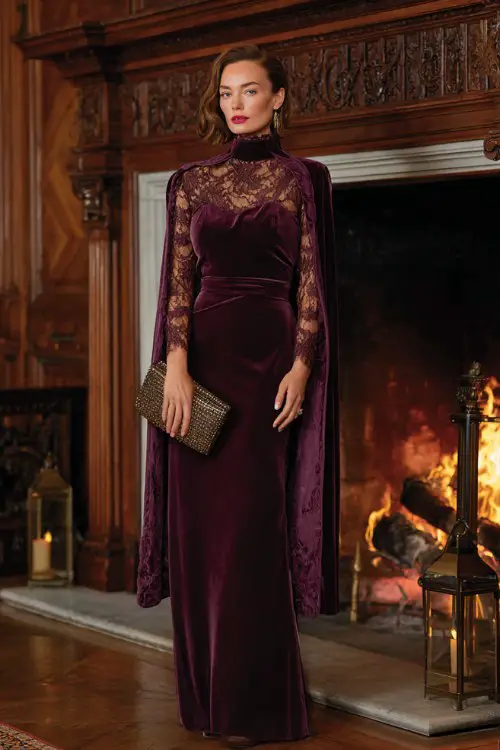 A woman over 40 wears a plum-colored high-neck velvet gown with lace insets, finished with a floor-length tailored cape and embellished clutch